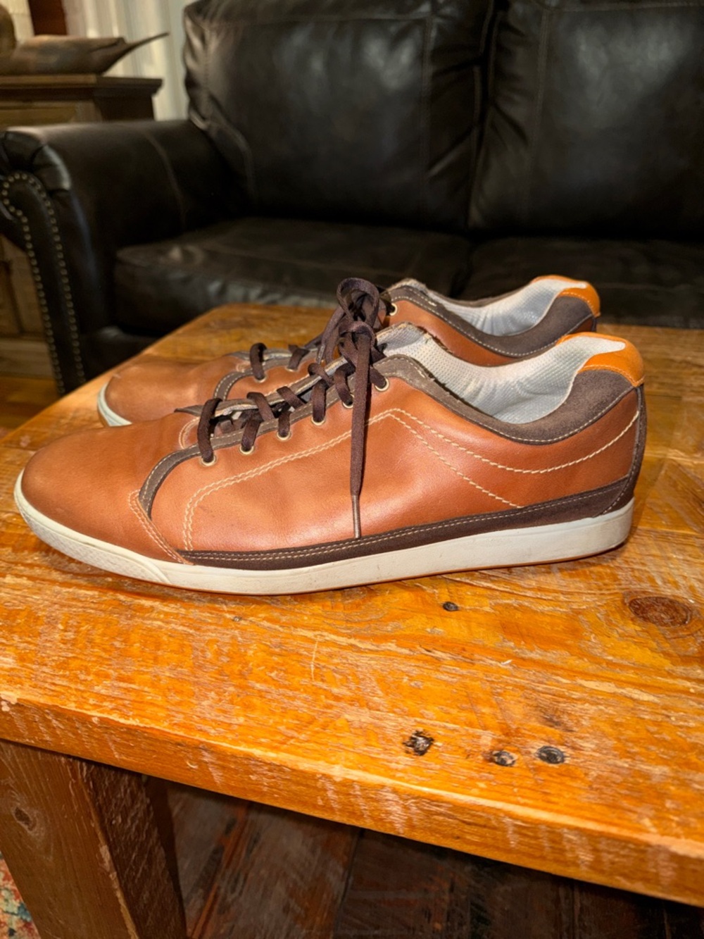 FootJoy Brown Leather Low-Top Sneakers with Orange Heel Accent